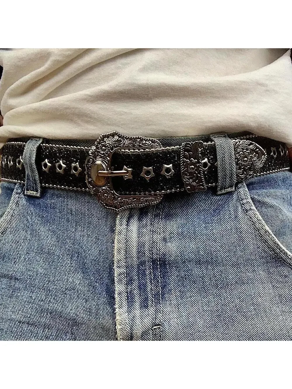 Y2k Style Studded Black and Silver 2-Tone Rhinestone belt. Cool grunge/punk